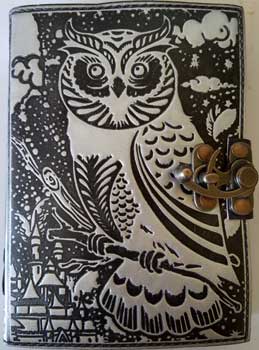 Black- Silver Owl Leather Blank Book W- Latch