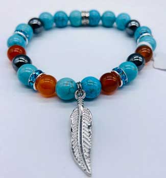 8mm Turquoise, Red Agate, Hematite With Feather