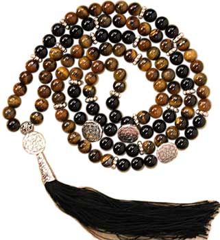 Tiger Eye & Black Agate Buddhist Wheel Elastic Mala
