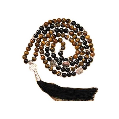 Tiger Eye & Black Agate Buddhist Wheel Elastic Mala
